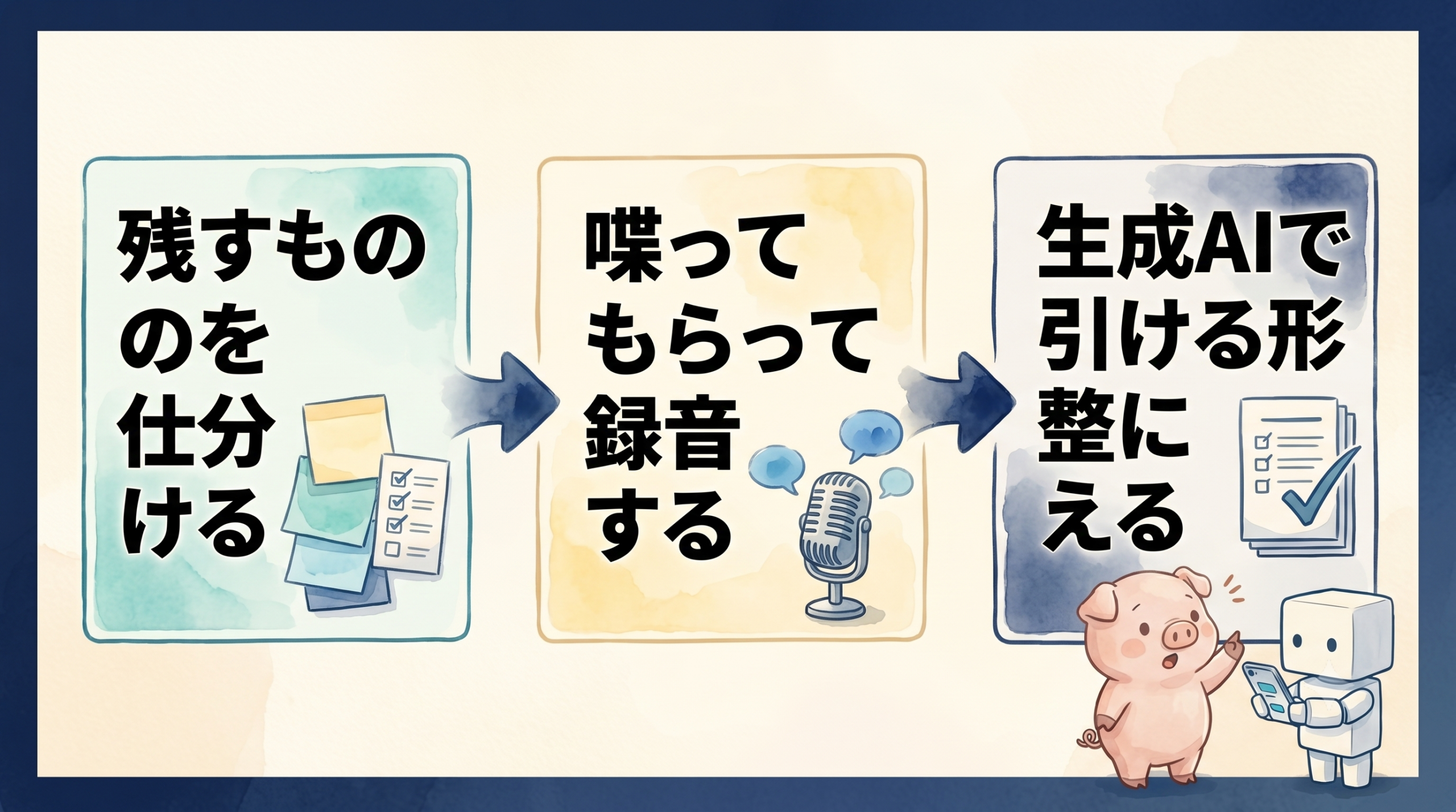 技能伝承の3ステップ(仕分け→録音→生成AIで整える)