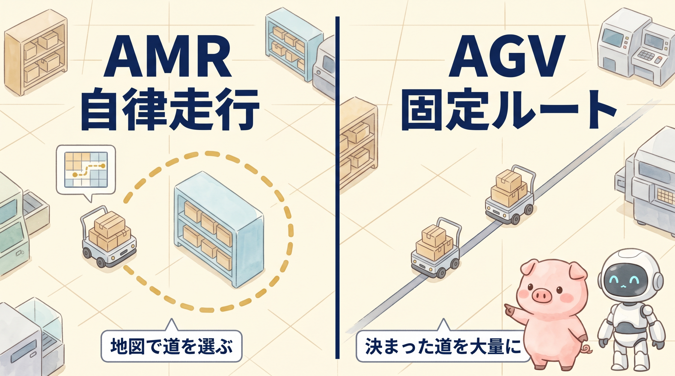 地図で道を選ぶAMRと固定ルートを進むAGVを左右に並べて対比した図解