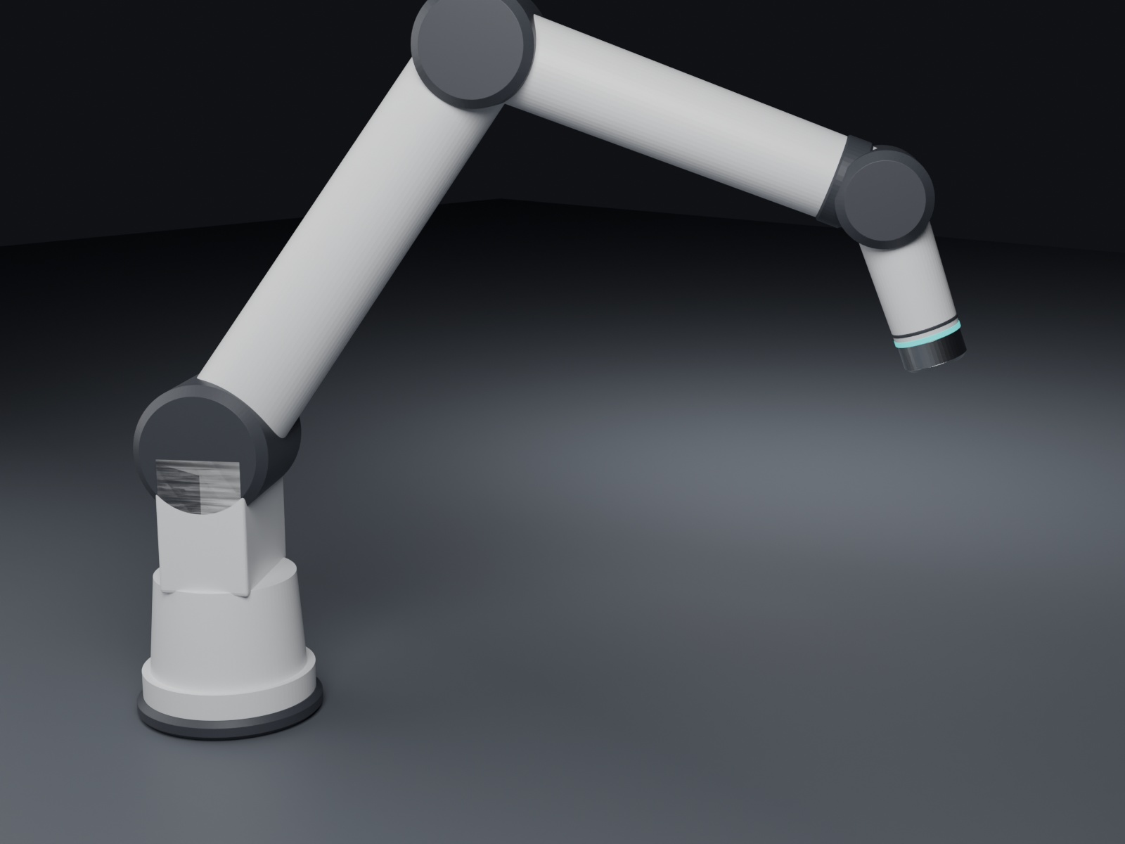 同じ協働ロボットアームを白い樹脂と金属質感で描いた実機イメージ