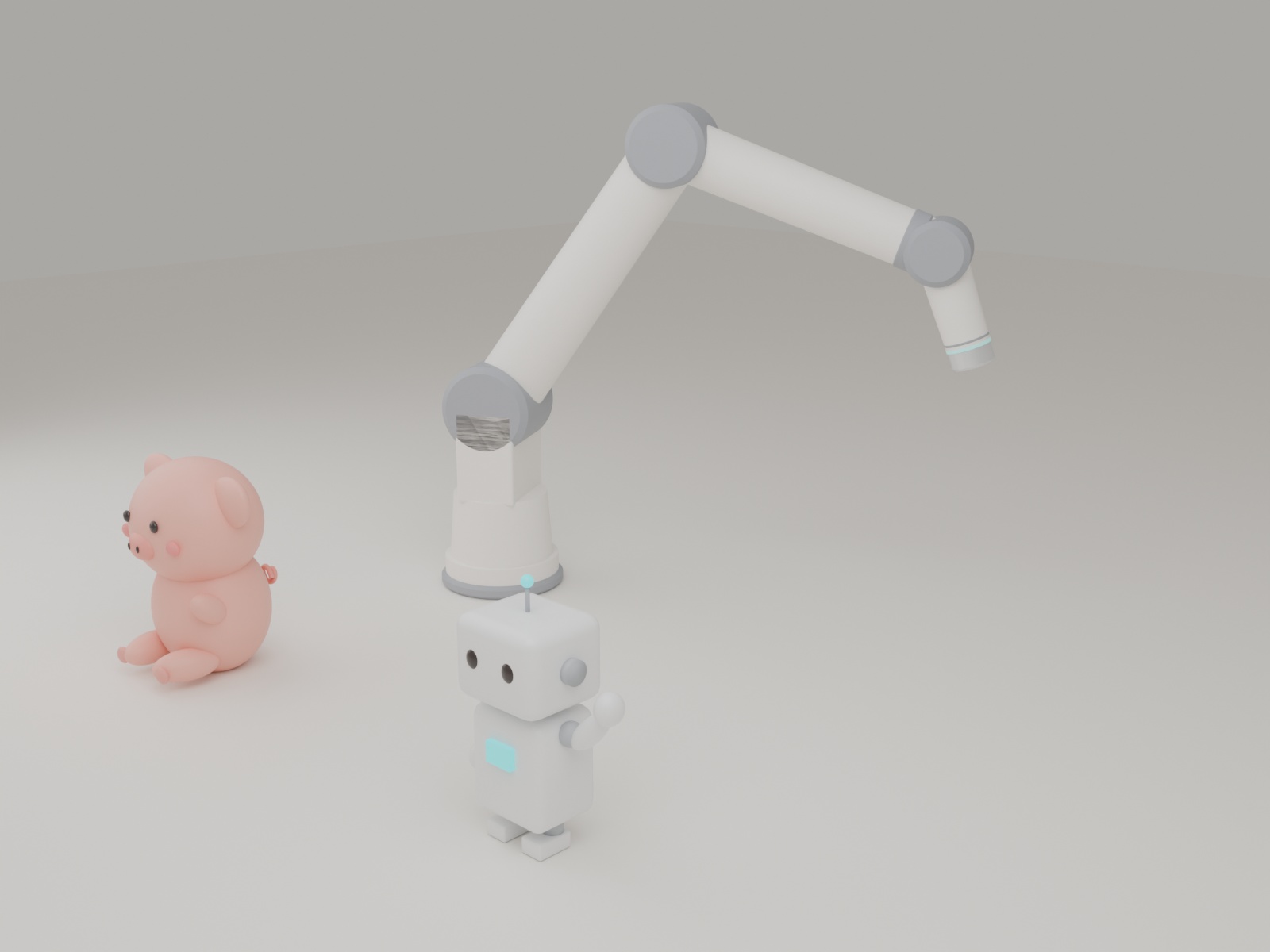 外形図から起こした6軸協働ロボットアームと、ぶたまる・白ロボのマスコット2体