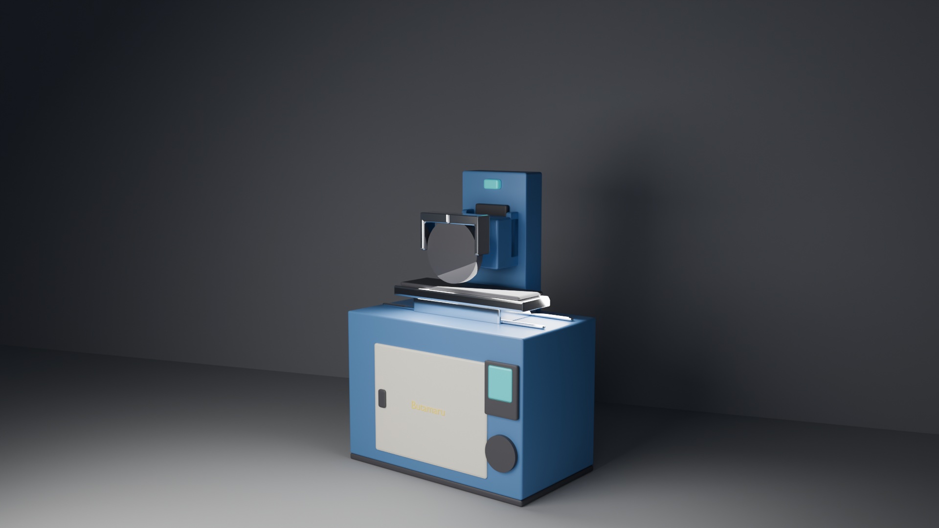平面研削盤の3Dモデルのアップ。青い本体に砥石ヘッド、前面に操作画面