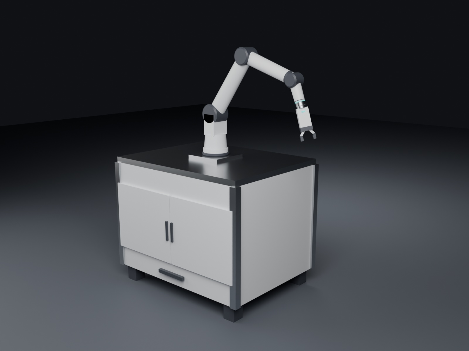 SUSフレームの専用台車の上に協働ロボットアームを載せた実機イメージ