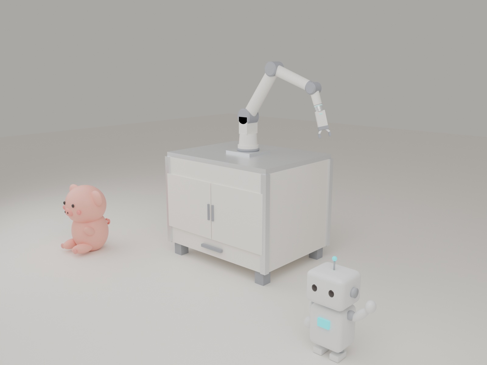 外形図から起こした専用台車に協働ロボットを載せた ぶたまる 白ロボと一緒に パステル