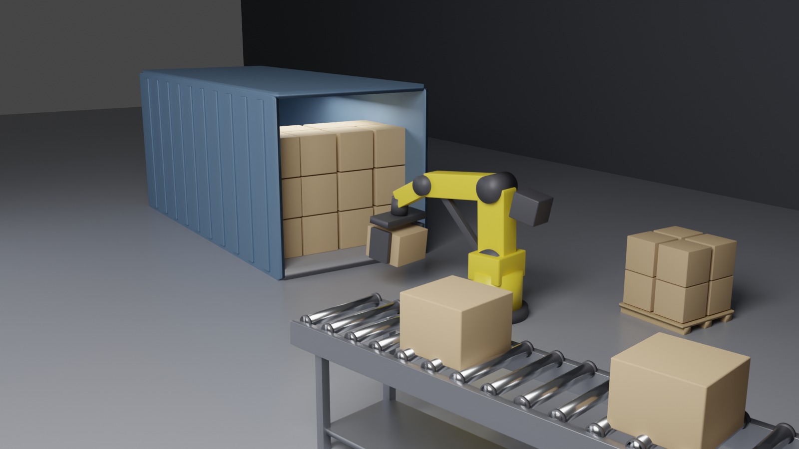 コンテナ内部で移動台車に載った協働ロボットが箱を荷降ろしし、コンベヤへ流している様子