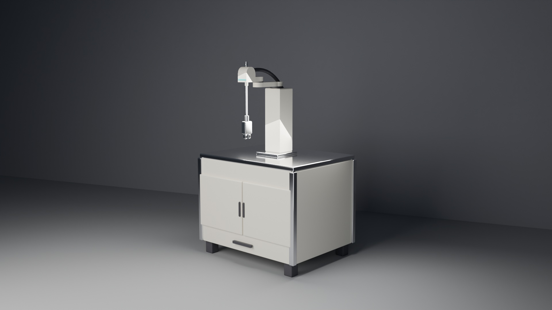 架台の上に搭載したスカラロボットの3Dレンダリング。手前側にアームとグリッパが張り出す