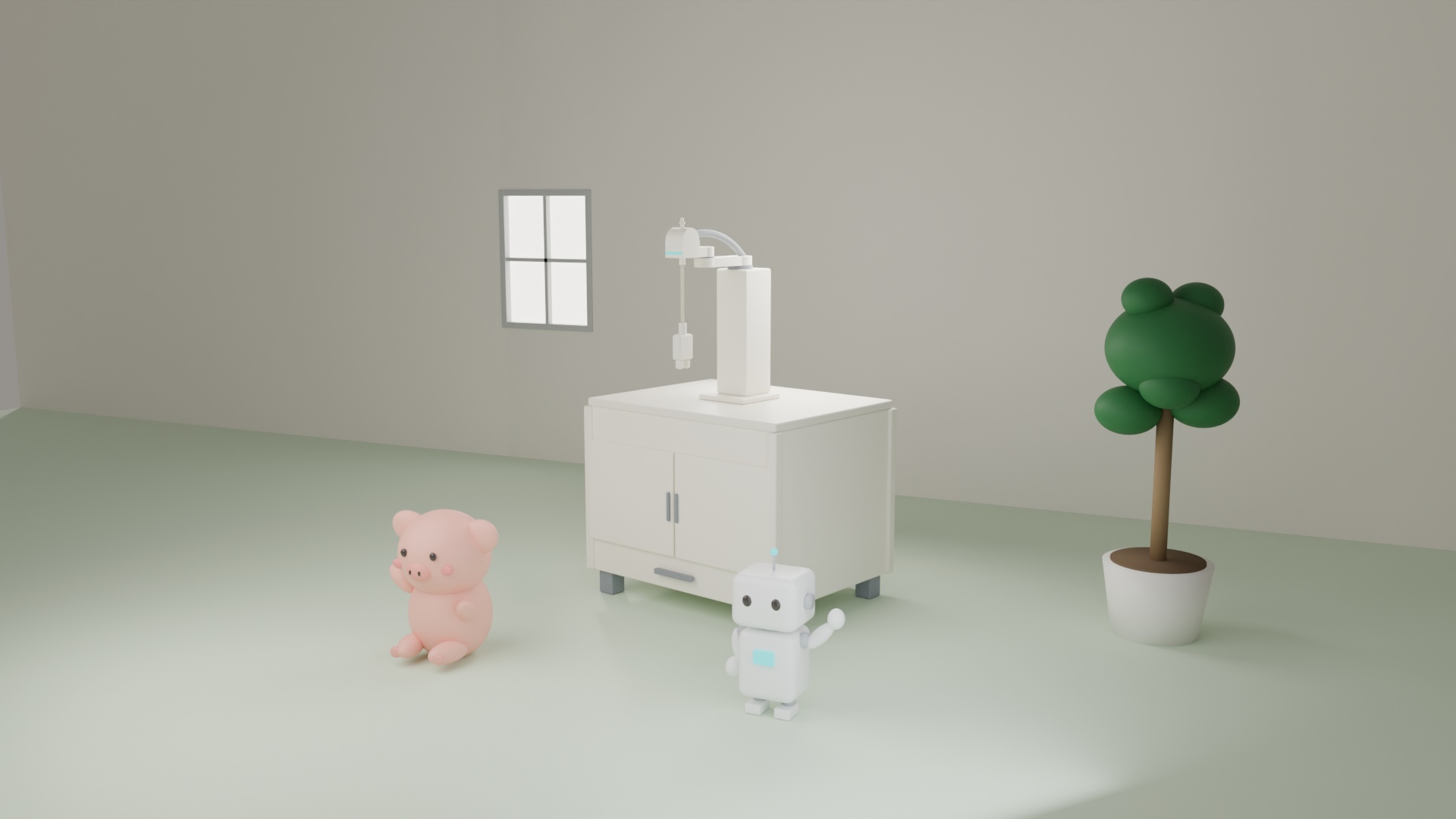トイ調で仕上げたスカラロボットセルの3Dレンダリング。マスコットが並ぶ