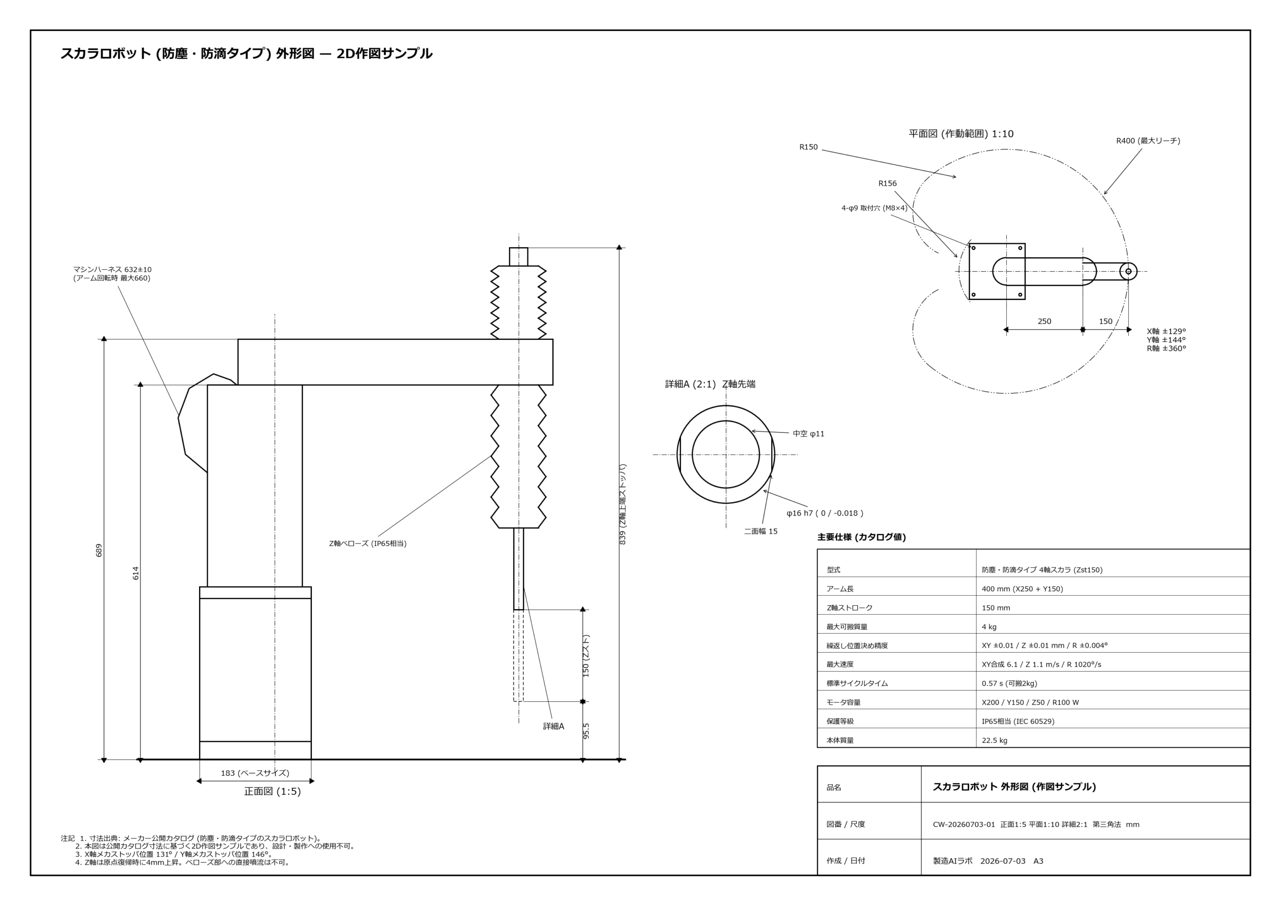 スカラロボットの2D外形図。正面図・平面図・先端詳細と仕様表を1枚に配置